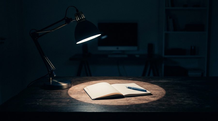 Lampu meja menerangi lingkaran cahaya di atas buku catatan di meja kantor gelap malam hari